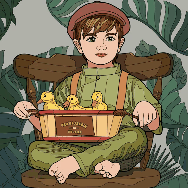 a boy sits in a chair holding a basket of ducklings that says grand jardin on it