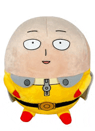 a stuffed toy of a bald man in a yellow suit from one punch man .