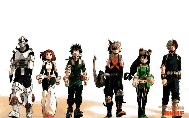 a group of anime characters are standing next to each other with a white background