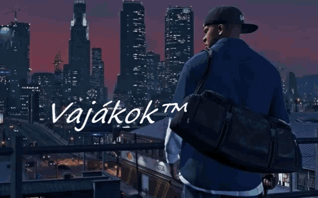 a man with a bag stands on a balcony overlooking a city with the words vajakok written on the bottom