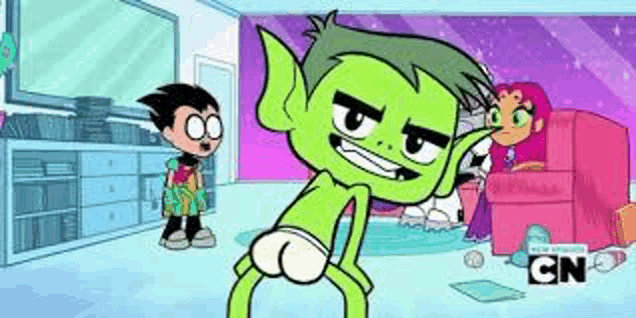 a cartoon character from teen titans go is dancing in a room .