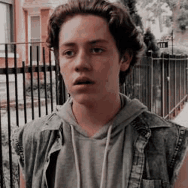 a young man is standing in front of a fence wearing a hoodie and a denim vest .