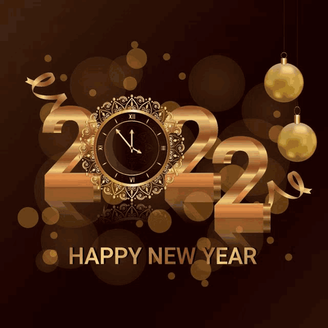 a happy new year greeting card with gold numbers and a gold clock