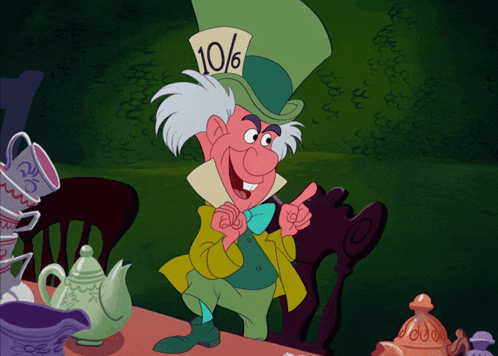 mad hatter from alice in wonderland wearing a green hat that says ' 10.6 ' on it