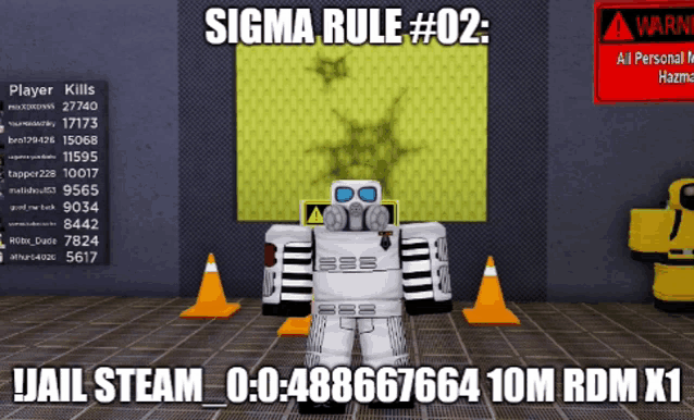 a robot is standing in front of a sign that says " sigma rule # 02 "