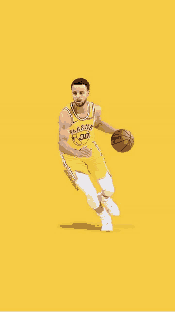 a basketball player in a yellow uniform is dribbling a basketball on a yellow background .