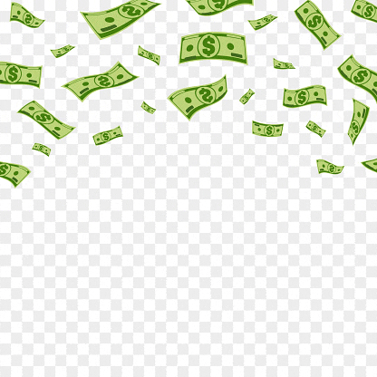 green dollar bills are falling from the sky on a transparent background .