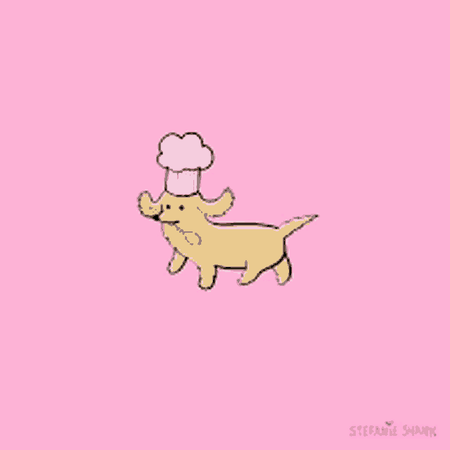 a drawing of a dog wearing a chef hat on a pink background