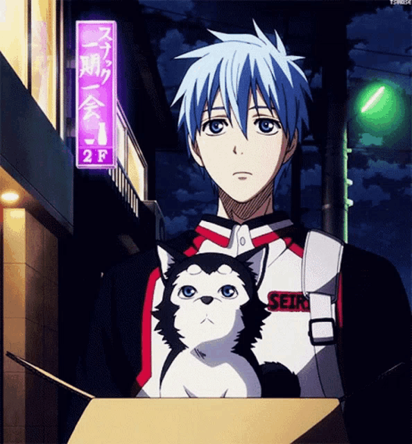 a man holding a small black and white cat with a seirin shirt on