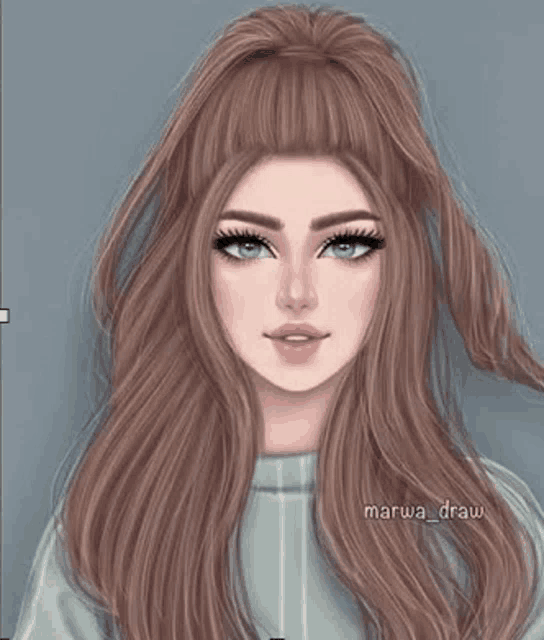 a drawing of a girl with long brown hair and blue eyes wearing a sweater .