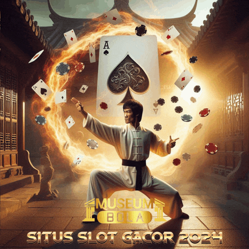 a poster for situs slot gacor shows a man in a karate pose surrounded by playing cards