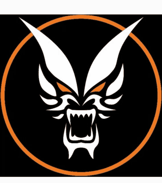 a black and white logo with an orange circle around it shows a wolf 's face