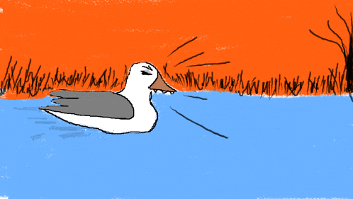 a drawing of a duck in the water with a sunset in the background