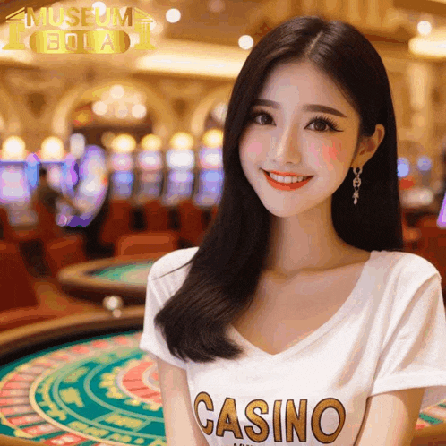 a woman wearing a casino shirt smiles in front of a roulette table