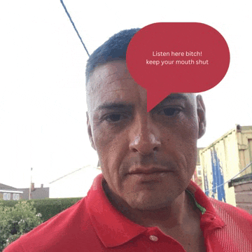 a man in a red shirt has a red speech bubble over his head that says listen here bitch keep your mouth shut