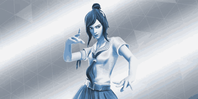 a blue and white drawing of a girl with a ponytail