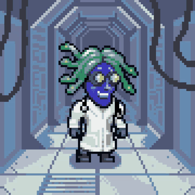 a pixel art of a doctor with blue hair and glasses