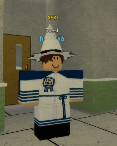 a roblox character wearing a white hat and a white shirt that says " i w a n't care "