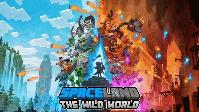 an advertisement for spaceland the wild world shows a statue of a skeleton and a statue of a man