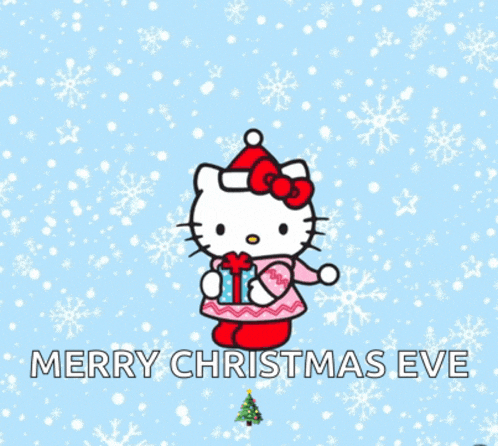 a hello kitty holding a gift and the words merry christmas eve below her