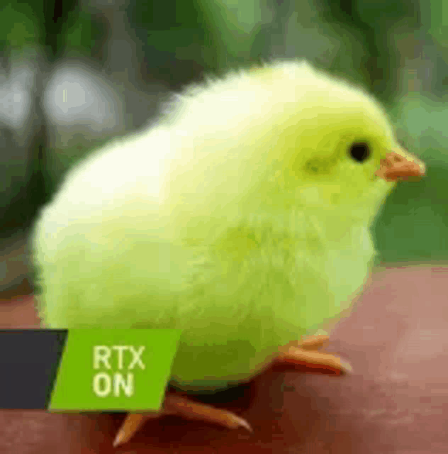 a small yellow chicken is sitting on a table next to a gtx logo .