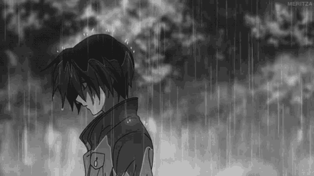 a black and white drawing of a boy in the rain with the word meritza at the bottom