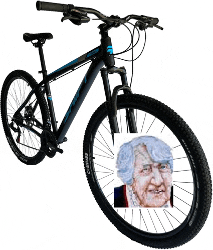 a bicycle with a picture of a woman on the front wheel