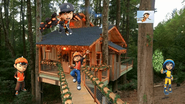 a group of cartoon characters are standing around a tree house in the woods