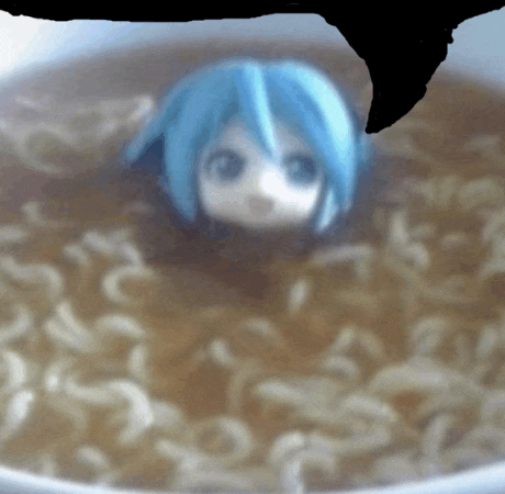 a girl with blue hair is floating in a bowl of ramen