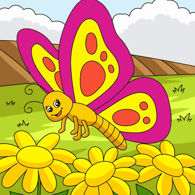 a pink and yellow butterfly is flying over a field of yellow daisies