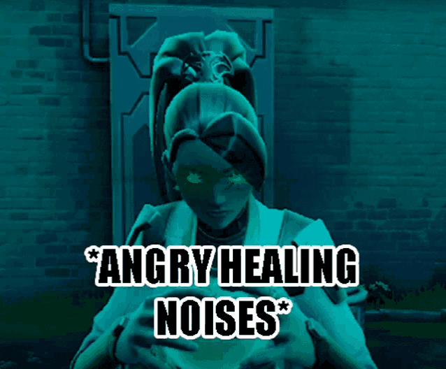 a video game character with green eyes and the words " angry healing noises " on the bottom