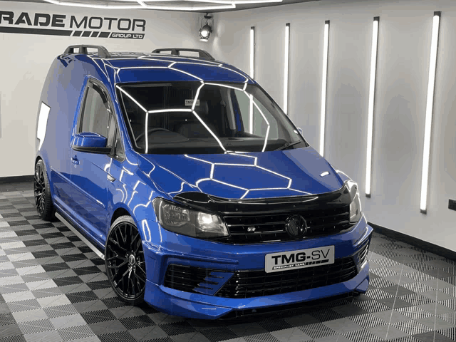 a blue van with the license plate tmg-sv is parked in a garage