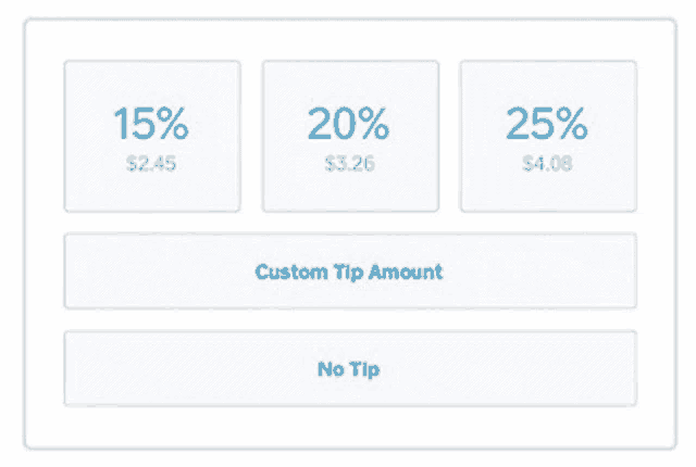 a screen shows a custom tip amount and a no tip button