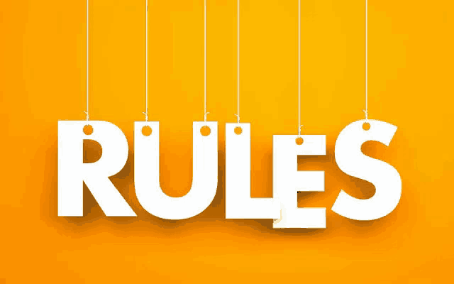 the word rules is hanging from a string on an orange background