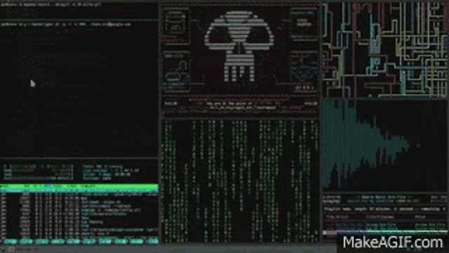 a computer screen with a skull on it and a makeagif.com link
