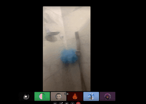 a group of people are on a video call with a blurred image of a shower