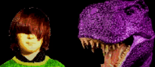 a pixel art of a child and a purple dinosaur with its mouth open