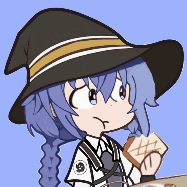 a cartoon drawing of a girl wearing a witch hat and holding a piece of bread