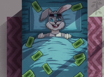 a cartoon rabbit is laying in a bed with money flying around him