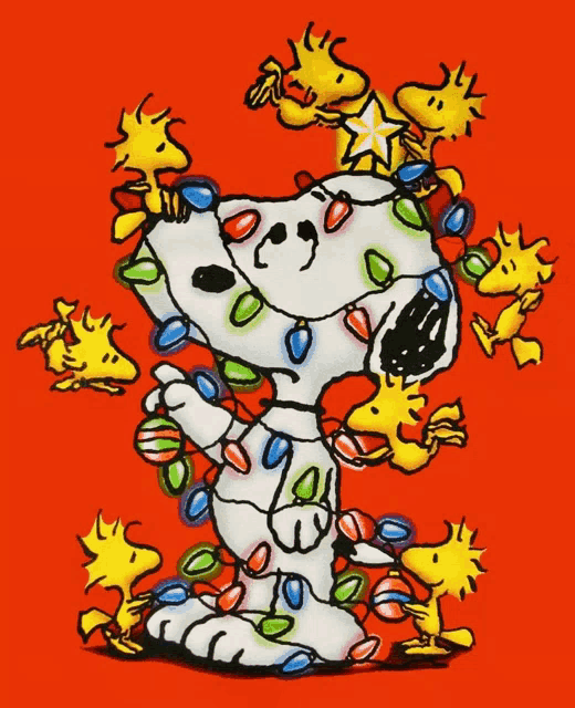 a cartoon of snoopy and woodstock with christmas lights