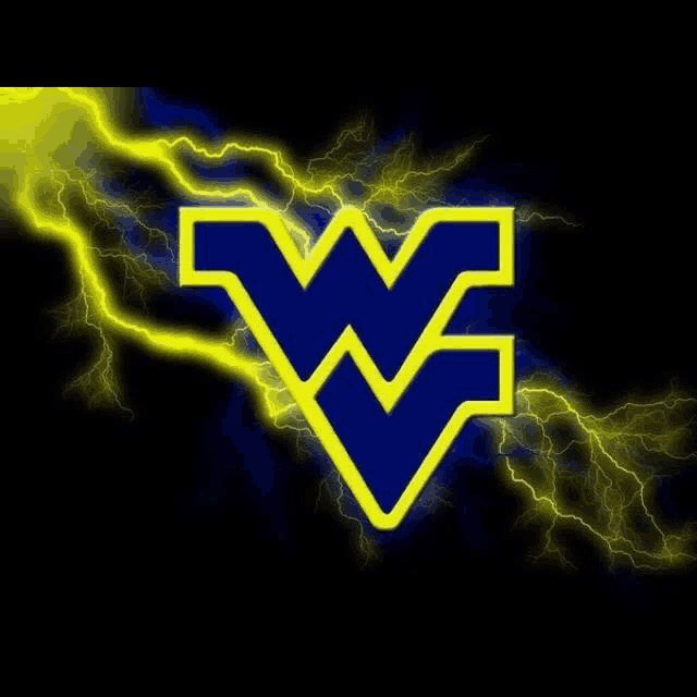 a blue and yellow logo with a lightning bolt in the background