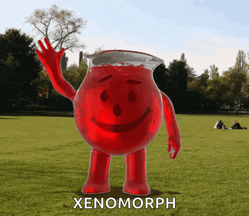 a pitcher of red liquid with arms and legs is standing in a field with the word xenomorph below it