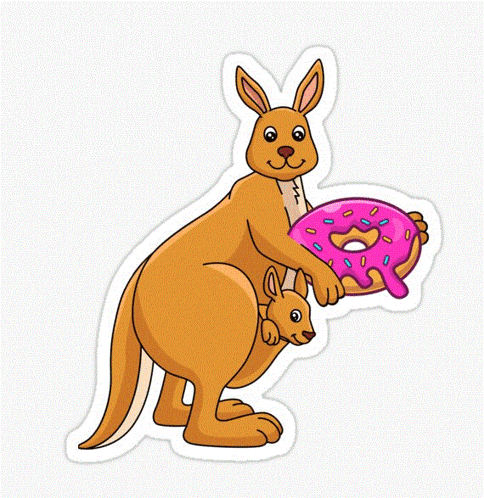 a kangaroo holding a pink donut in its pouch