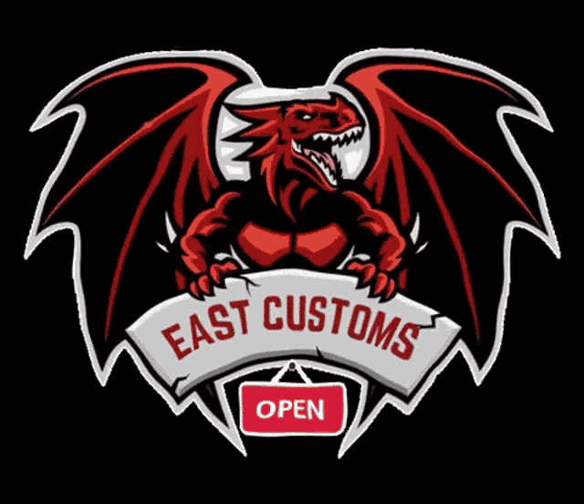 a logo for east customs shows a red dragon holding an open sign