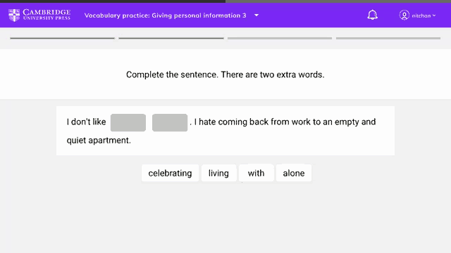 a screenshot of a cambridge vocabulary practice giving personal information