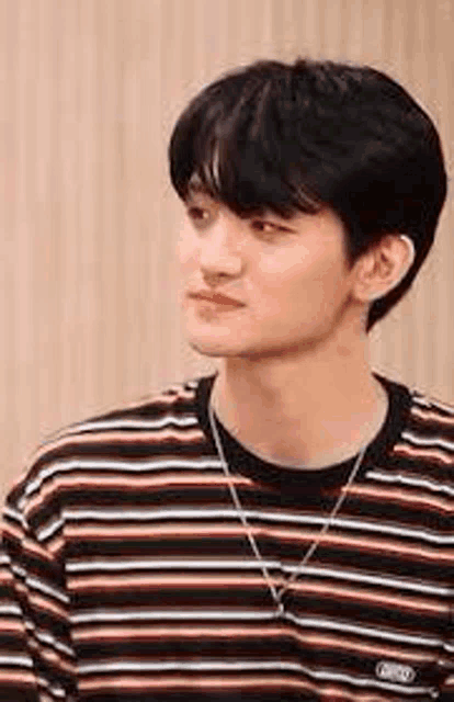 a young man wearing a striped shirt and a necklace is looking away from the camera .