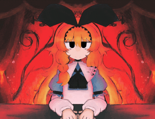 a drawing of alice from alice in wonderland sitting in front of a red curtain