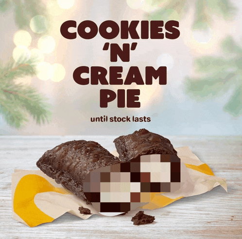 an advertisement for cookies ' n ' cream pie shows a brownie on a napkin