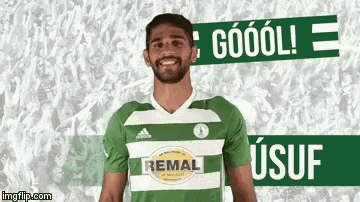 a man with a beard is wearing a green and white striped shirt that says remal on it .