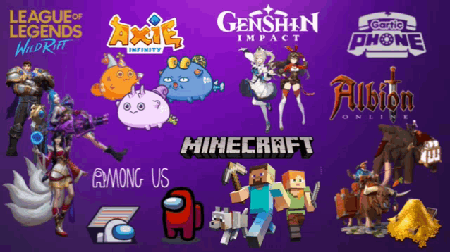 among us minecraft and genshin impact are among the games shown on this purple background